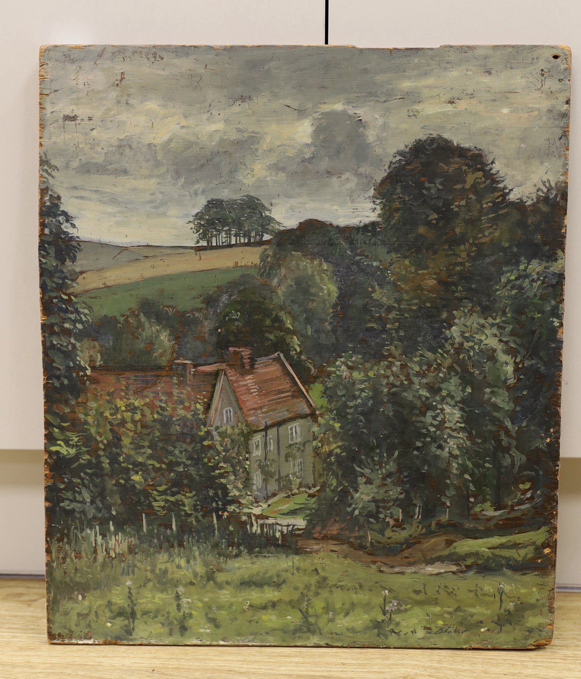 Michael Blaker (1928-2018), oil on wooden panel, House in a landscape, signed, 52 x 45cm, unframed